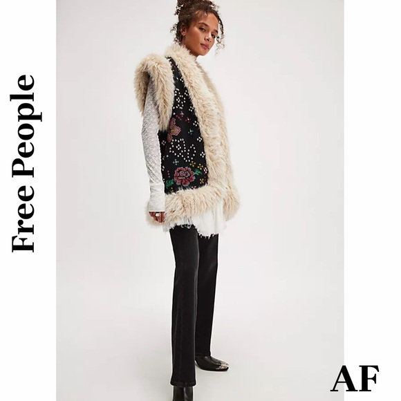 Free People Out and About Black Vest Embroidery and Cream Faux Fur Small New - Picture 5 of 12
